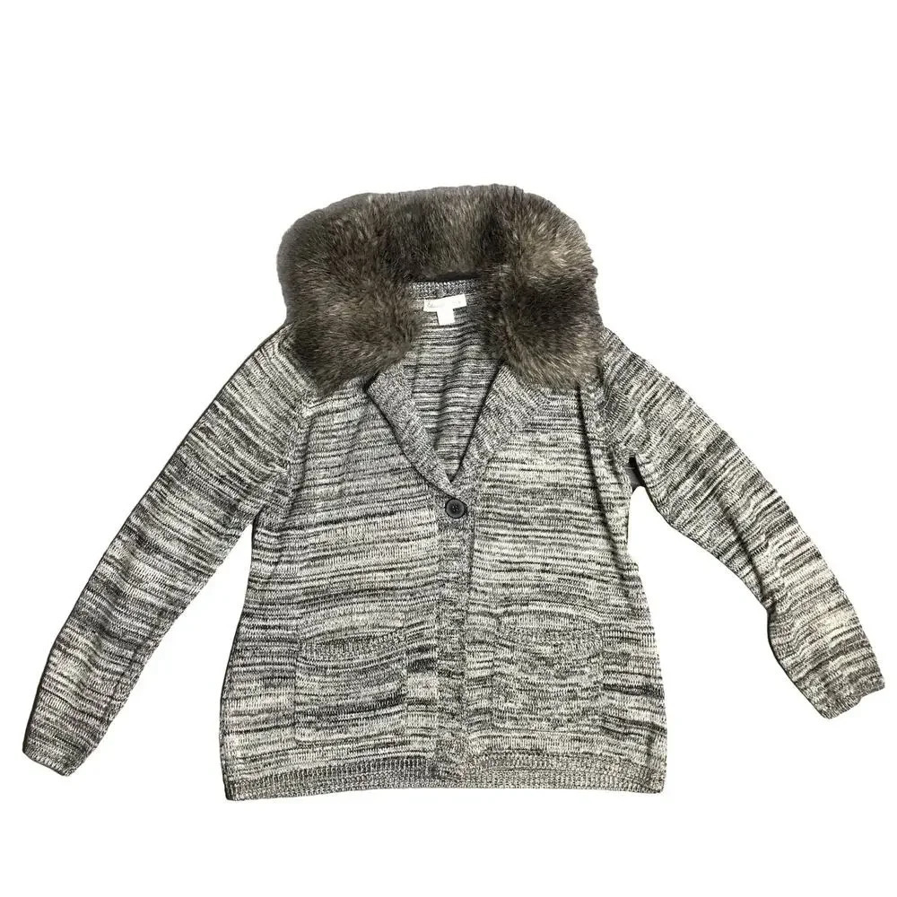 Coldwater Creek Gray Marled Knit Sweater Jacket W/ Fur‎ Collar